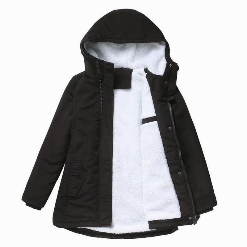Fleece-Lined Winter Jacket for Women with Hood and Insulated Padding in Black, studio front view