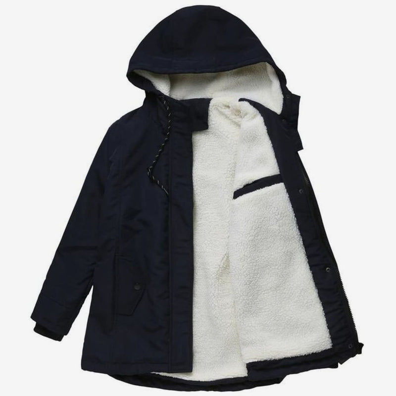 Fleece-Lined Winter Jacket for Women with Hood and Insulated Padding in Dark Blue, studio front view
