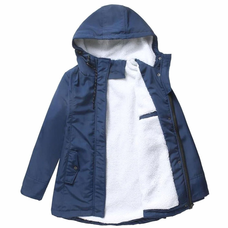 Fleece-Lined Winter Jacket for Women with Hood and Insulated Padding in Navy, studio front view