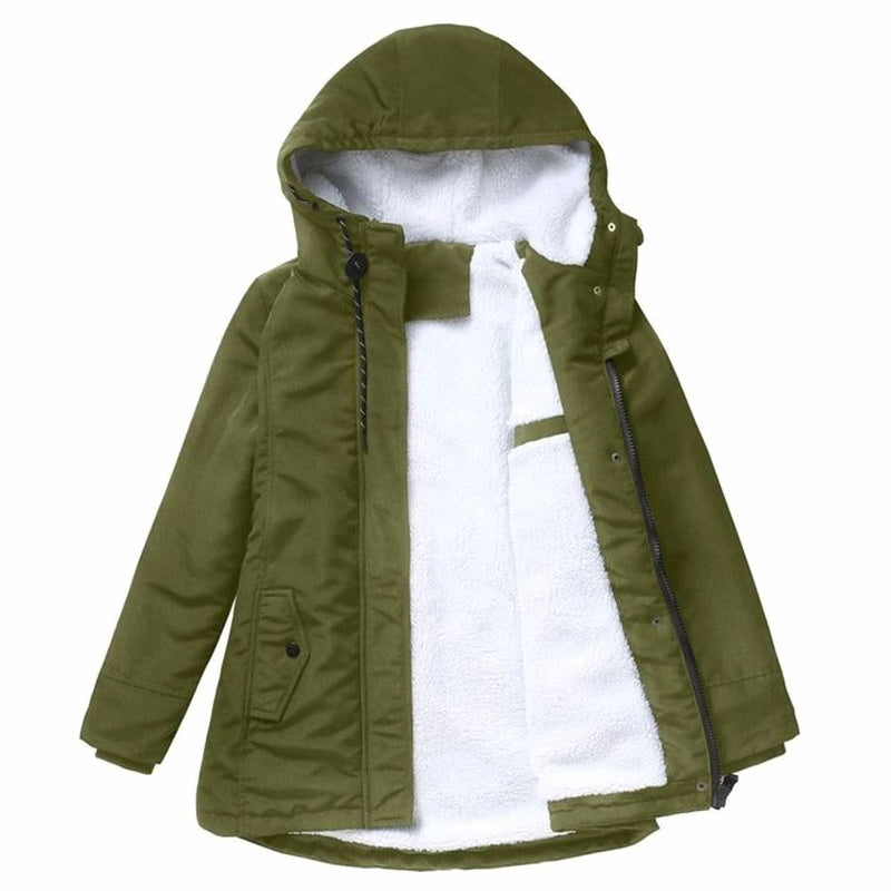 Fleece-Lined Winter Jacket for Women with Hood and Insulated Padding in Olive Green, studio front view