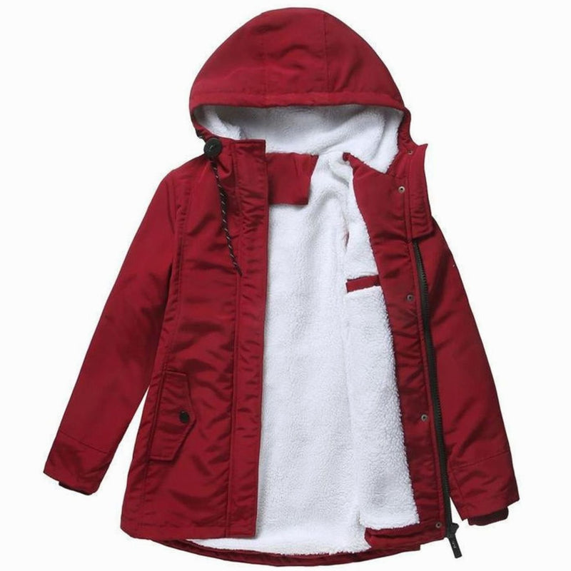 Fleece-Lined Winter Jacket for Women with Hood and Insulated Padding in Red, studio front view