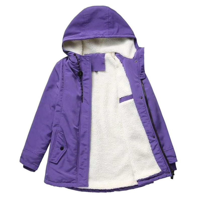 Fleece-Lined Winter Jacket for Women with Hood and Insulated Padding in Violet, studio front view