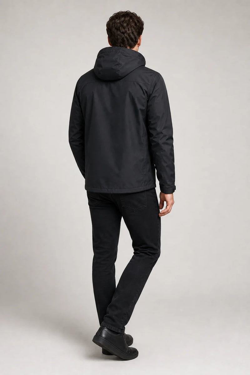 Sofaine John men's hooded waterproof rain jacket in Black, worn back