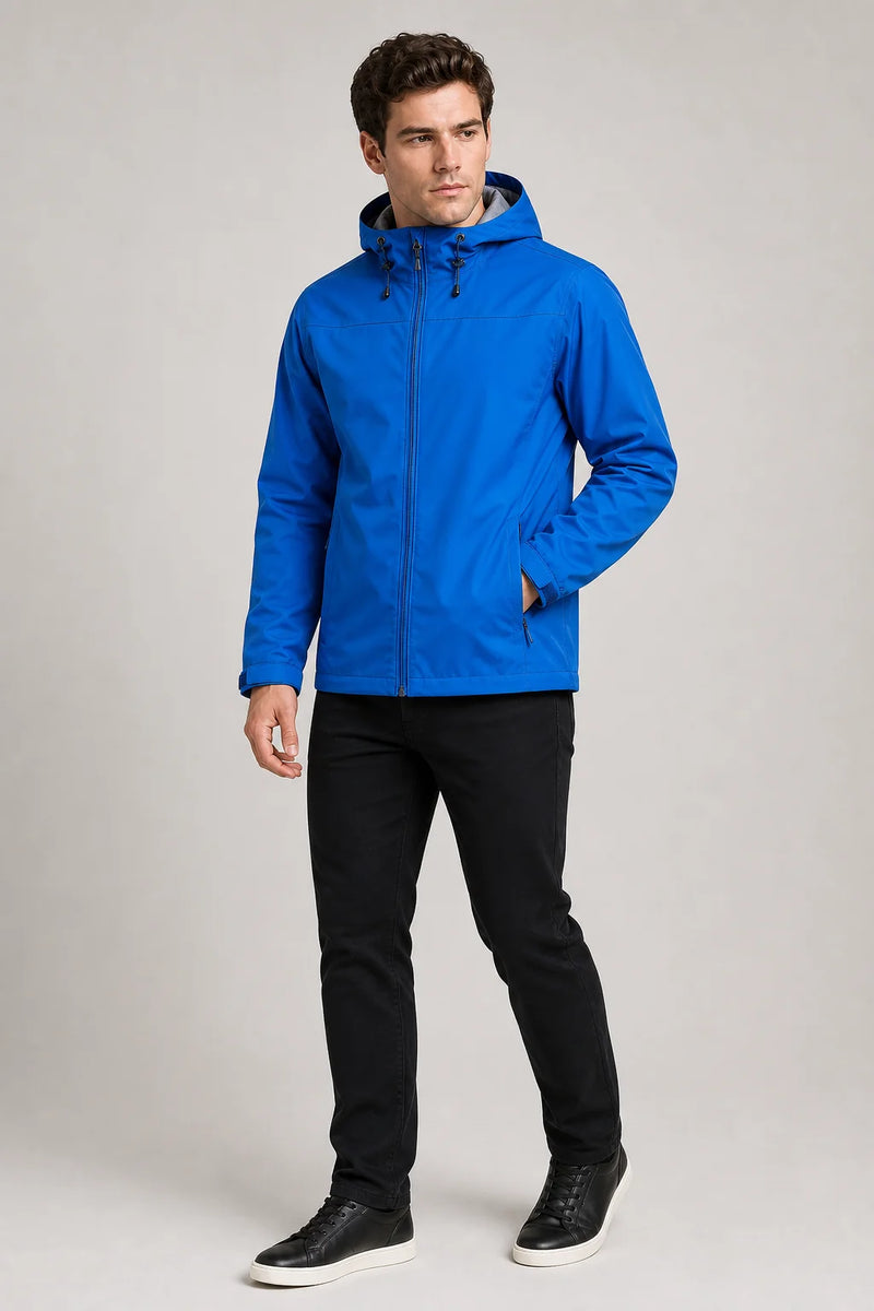 Sofaine John men's hooded waterproof rain jacket in Blue, worn front