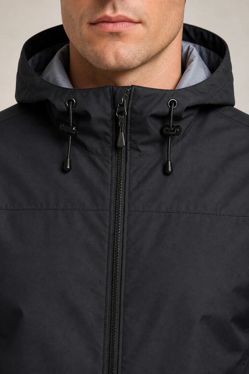 Sofaine John men's hooded waterproof rain jacket in Black, hood drawstring and zip detail