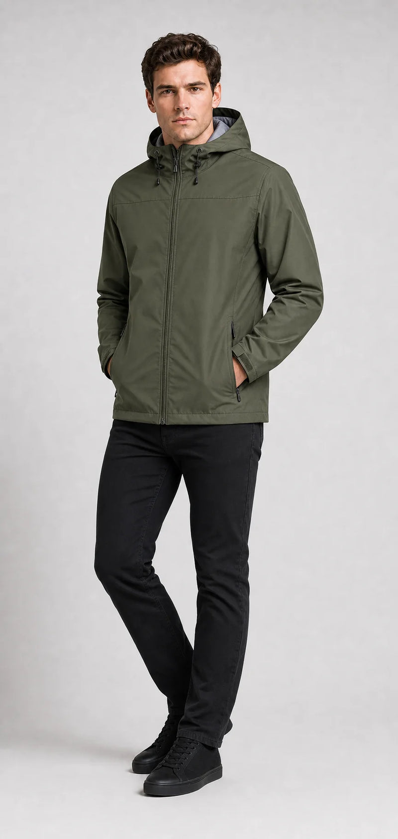 Sofaine John men's hooded waterproof rain jacket in Green, worn front