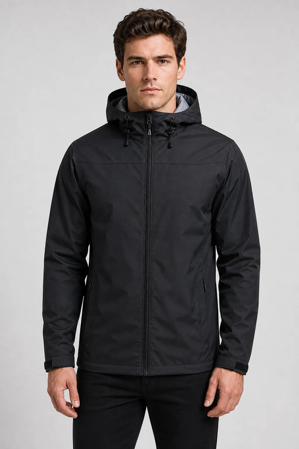 Sofaine John men's hooded waterproof rain jacket in Black, worn front hero