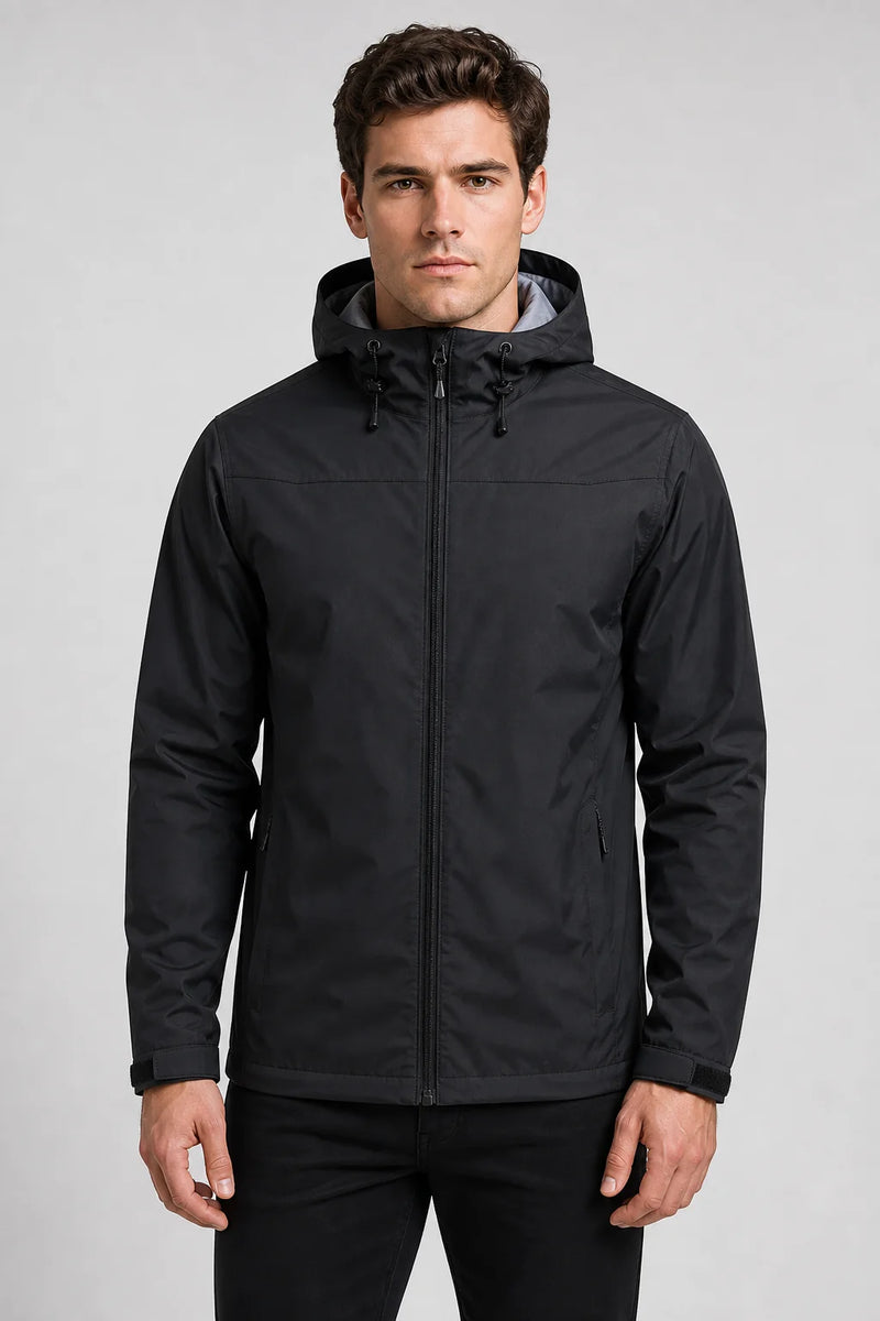 Sofaine John men's hooded waterproof rain jacket in Black, worn front hero