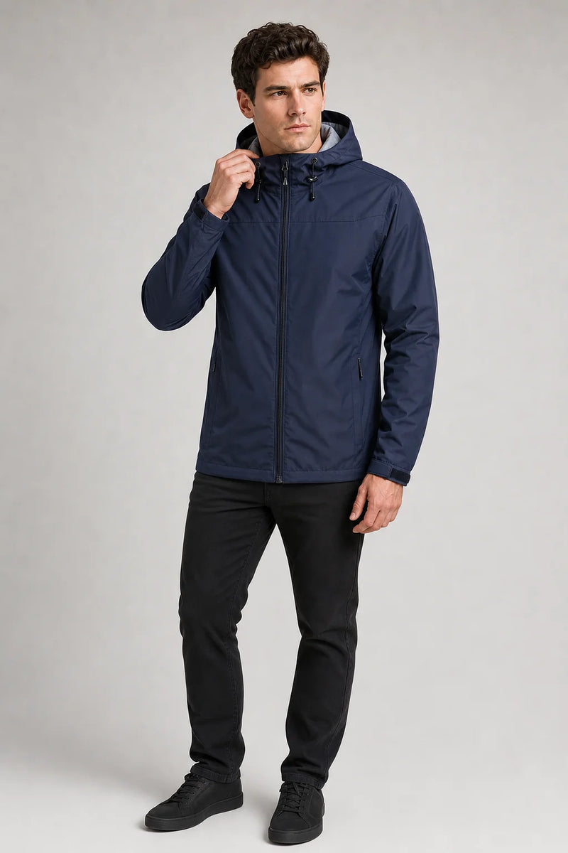 Sofaine John men's hooded waterproof rain jacket in Navy Blue, worn front
