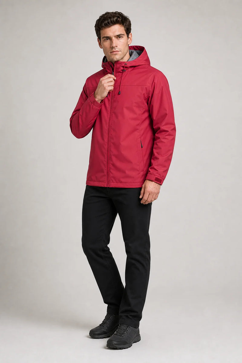 Sofaine John men's hooded waterproof rain jacket in Red, worn front