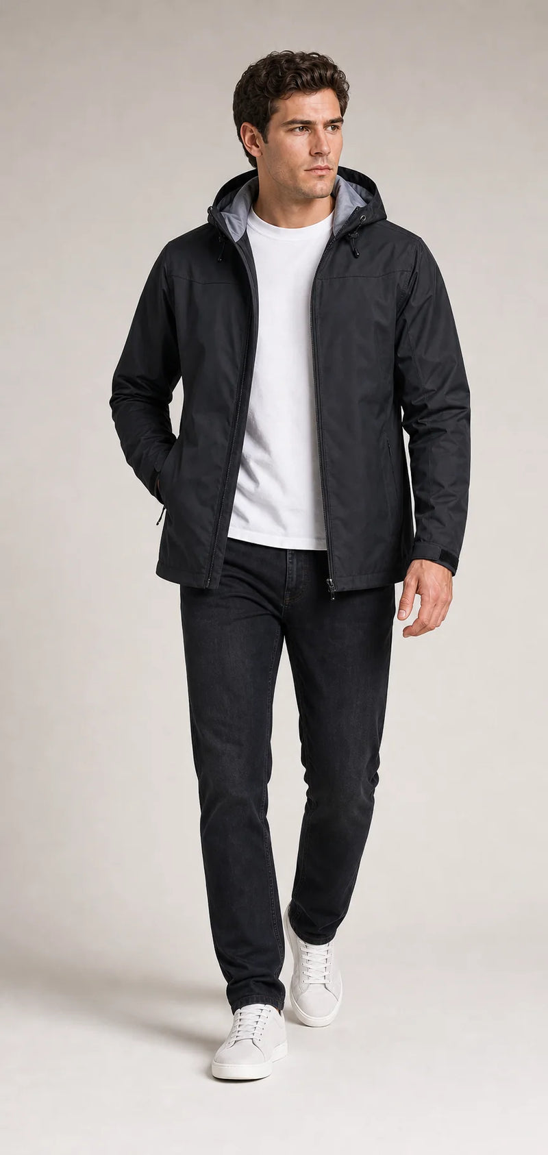 Sofaine John men's hooded waterproof rain jacket in Black, styled full look