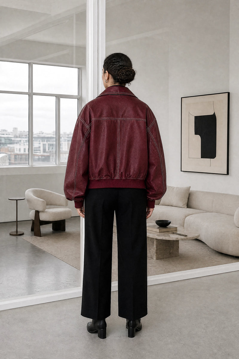 Jolene | Bomber Jacket in Burgundy, studio back view
