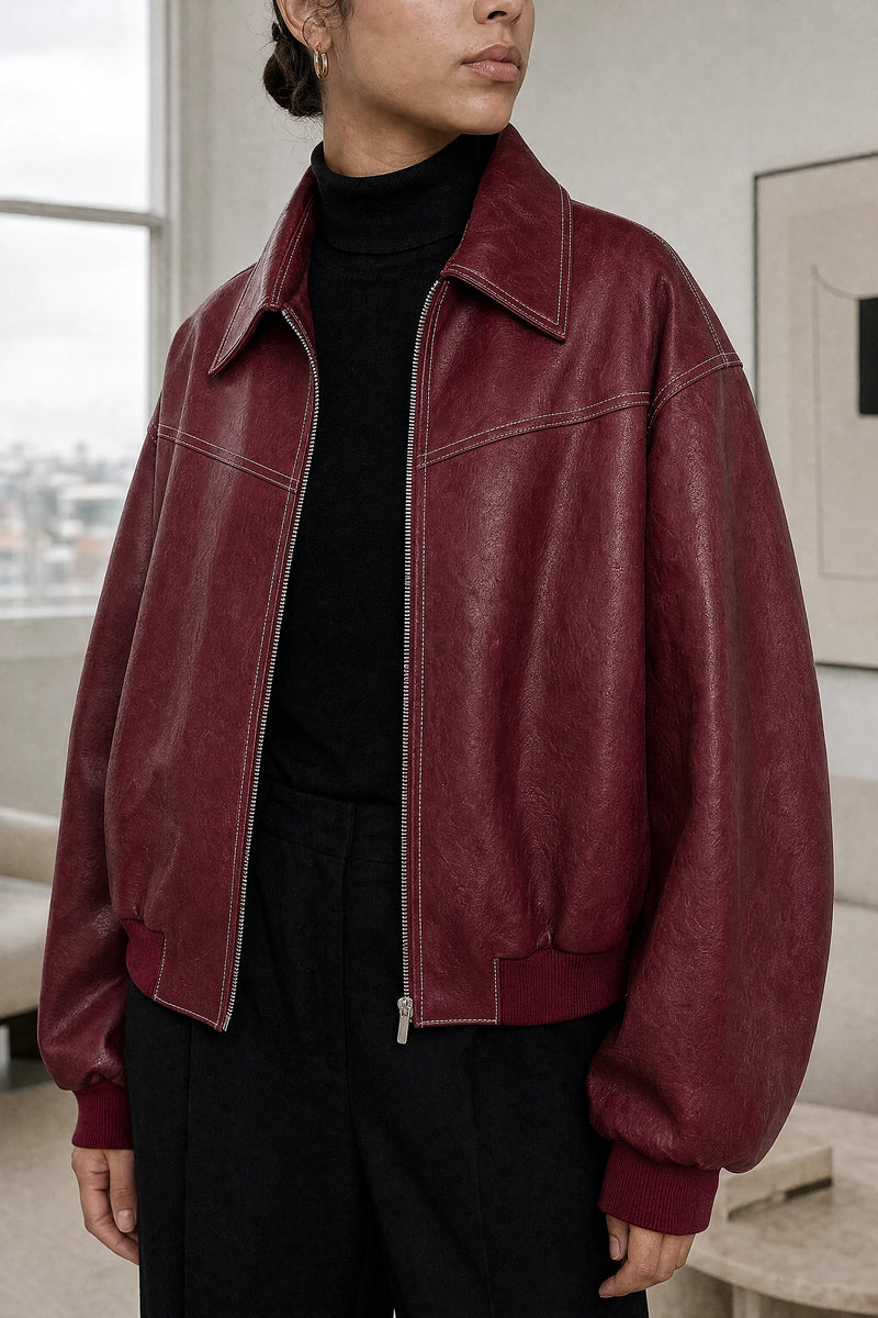 Jolene | Bomber Jacket in Burgundy, fabric close-up
