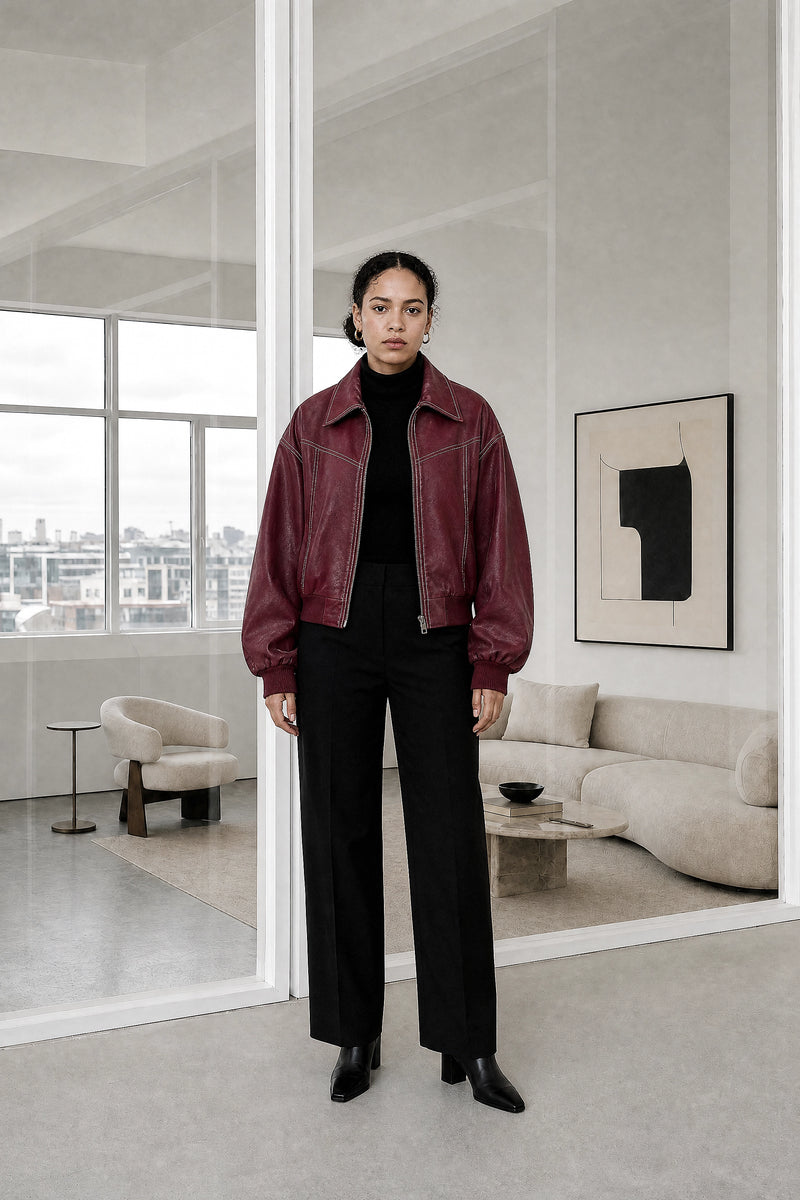 Jolene | Bomber Jacket in Burgundy, studio front view