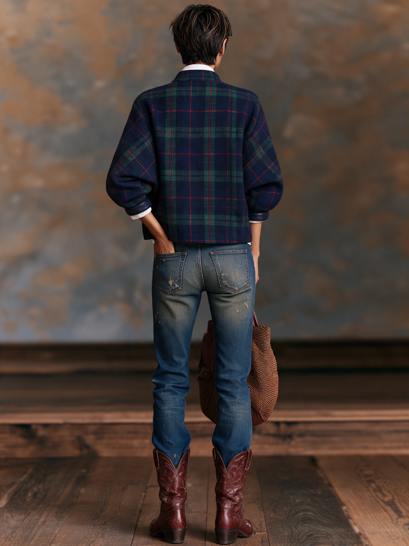 Cropped Plaid Jacket for Women with Faux Leather Trim and Stand Collar in Navy, back view