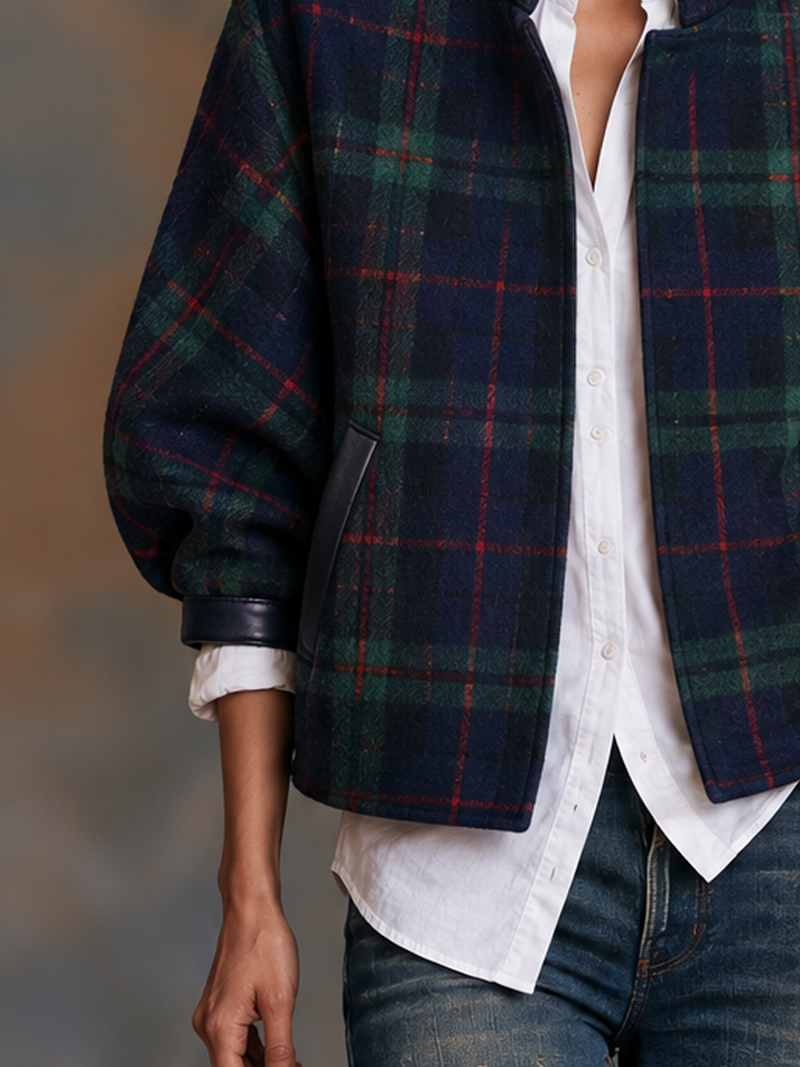 Cropped Plaid Jacket for Women with Faux Leather Trim and Stand Collar in Navy, close-up