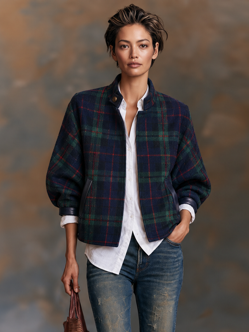 Cropped Plaid Jacket for Women with Faux Leather Trim and Stand Collar in Navy, front view 2