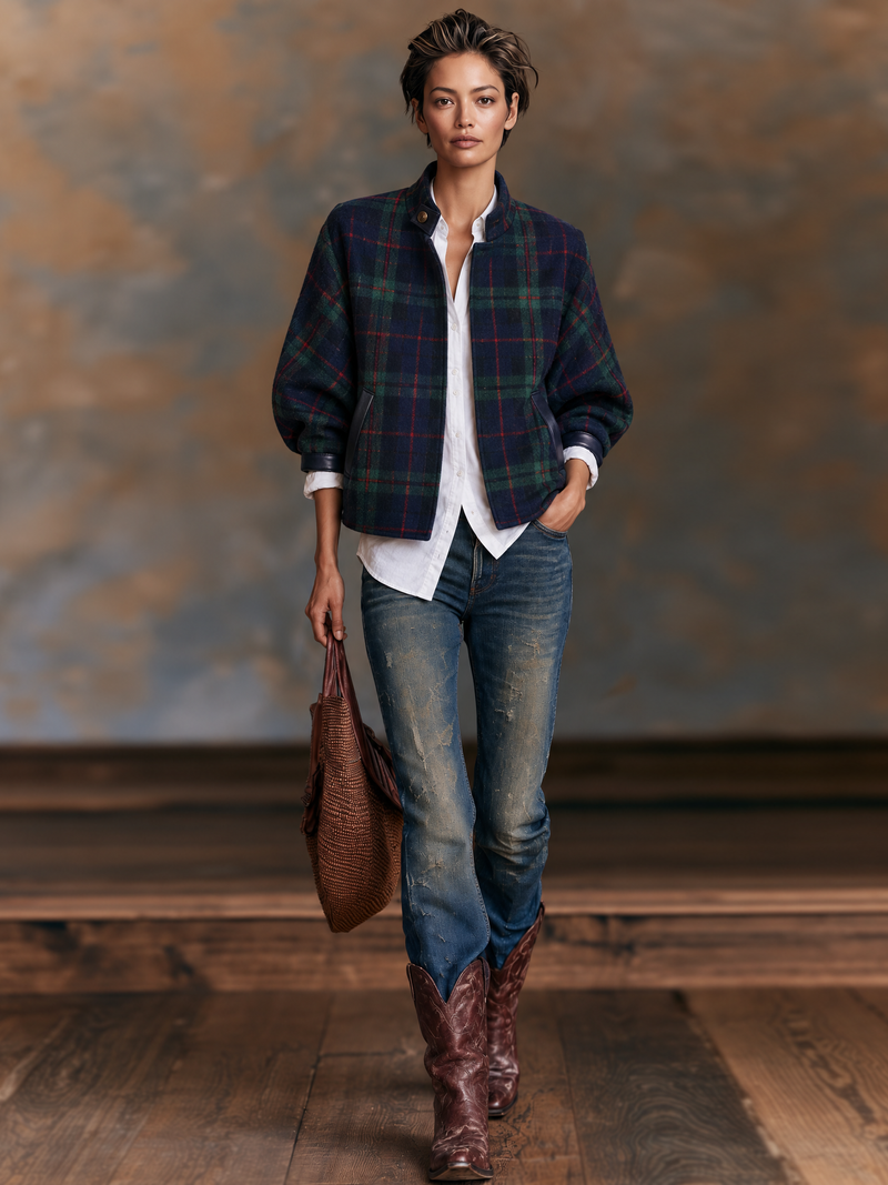 Cropped Plaid Jacket for Women with Faux Leather Trim and Stand Collar in Navy, full length view