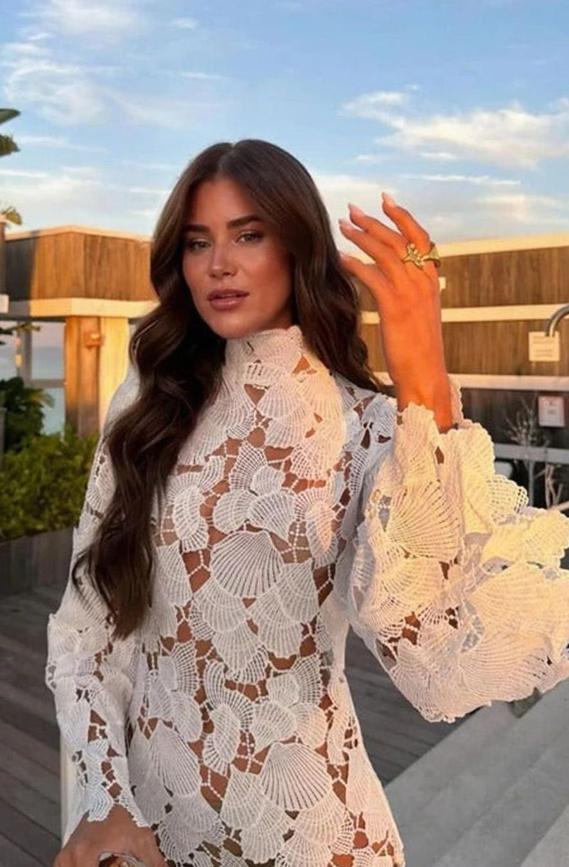 Long Sleeve Lace Mini Dress for Women with High Neck and Floral Cutwork in White, close-up