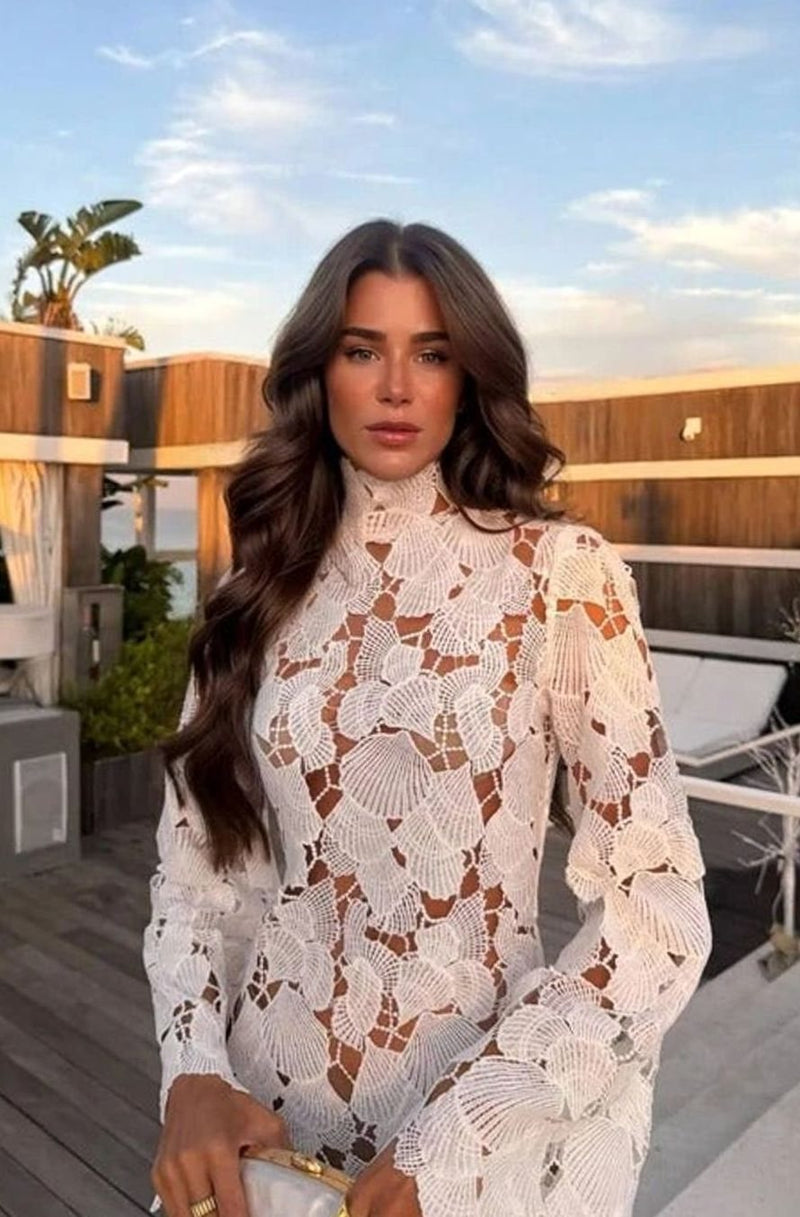 Long Sleeve Lace Mini Dress for Women with High Neck and Floral Cutwork in White, front close-up