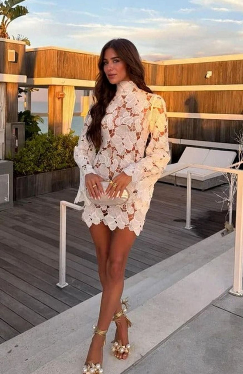 Long Sleeve Lace Mini Dress for Women with High Neck and Floral Cutwork in White, full-length view