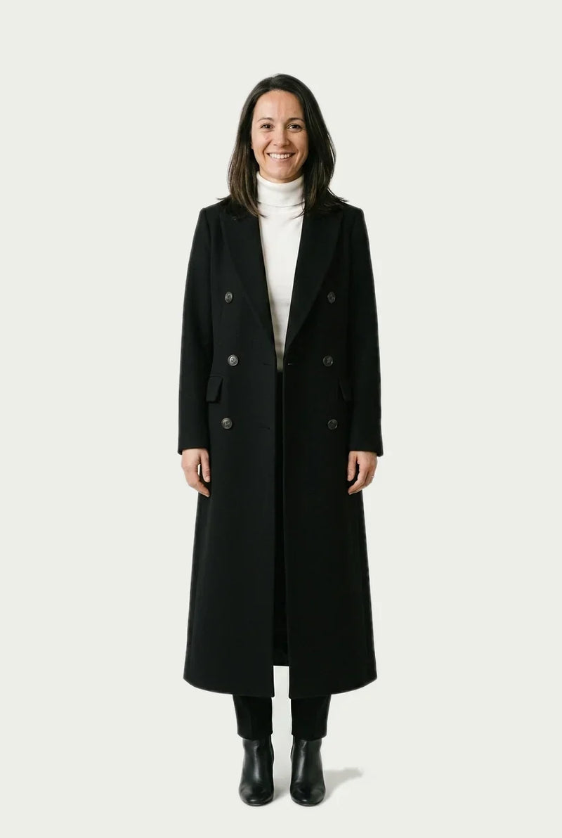 Wool-Feel Long Coat for Women with Double-Breasted Front in Black, studio front view
