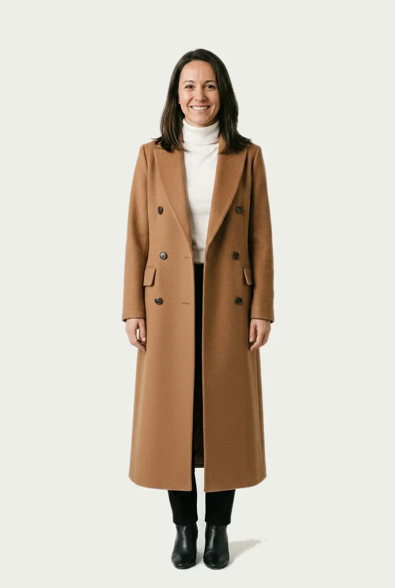 Wool-Feel Long Coat for Women with Double-Breasted Front in Brown, studio front view