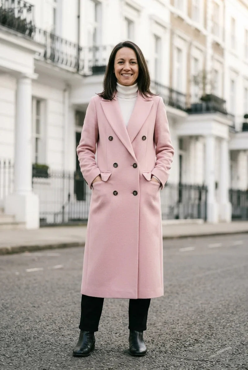 Wool-Feel Long Coat for Women with Double-Breasted Front, studio front view