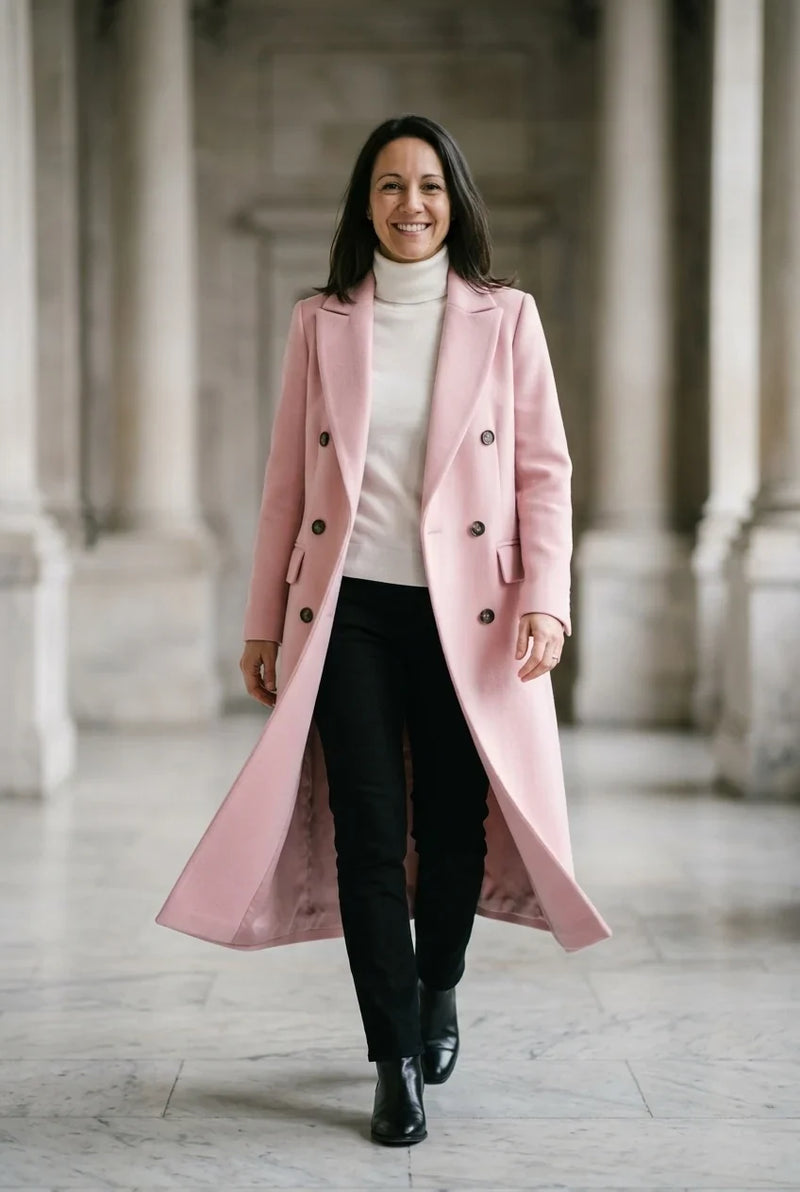 Wool-Feel Long Coat for Women with Double-Breasted Front, studio back view