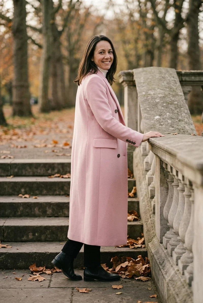 Wool-Feel Long Coat for Women with Double-Breasted Front, studio side view