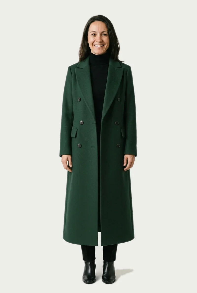 Wool-Feel Long Coat for Women with Double-Breasted Front in Green, studio front view