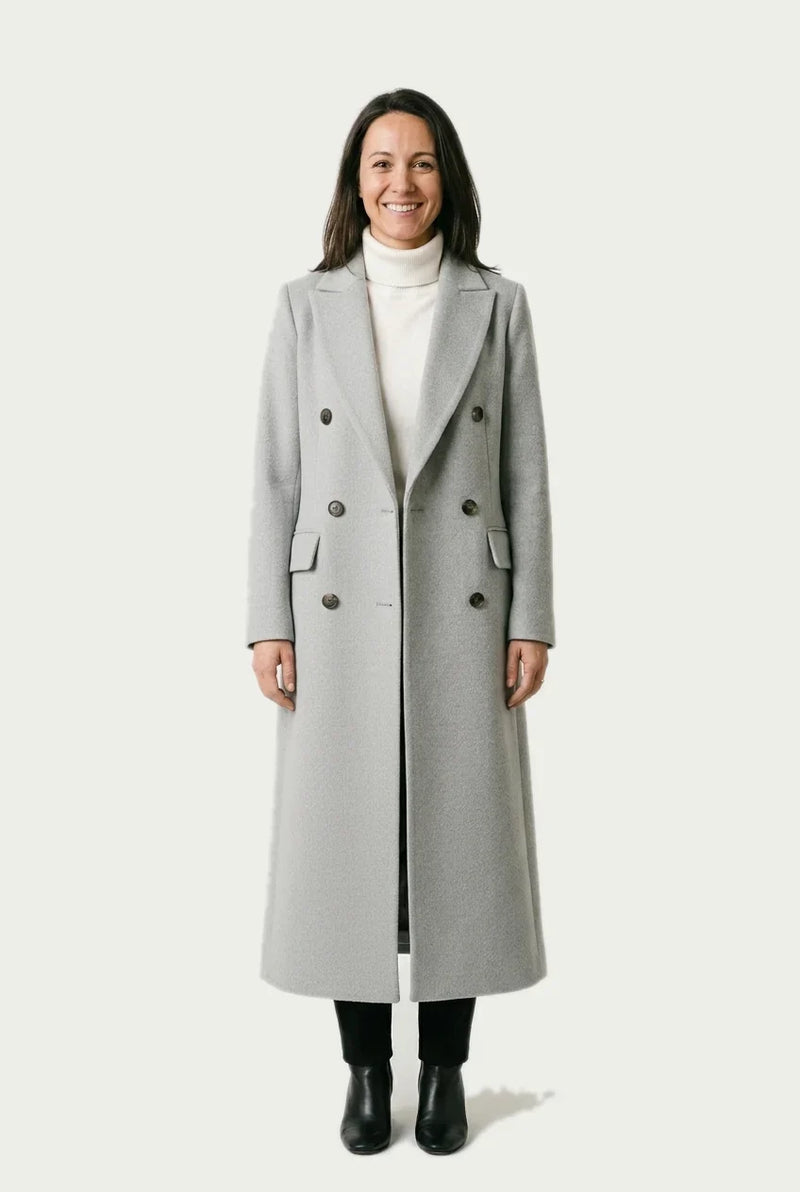 Wool-Feel Long Coat for Women with Double-Breasted Front in Grey, studio front view