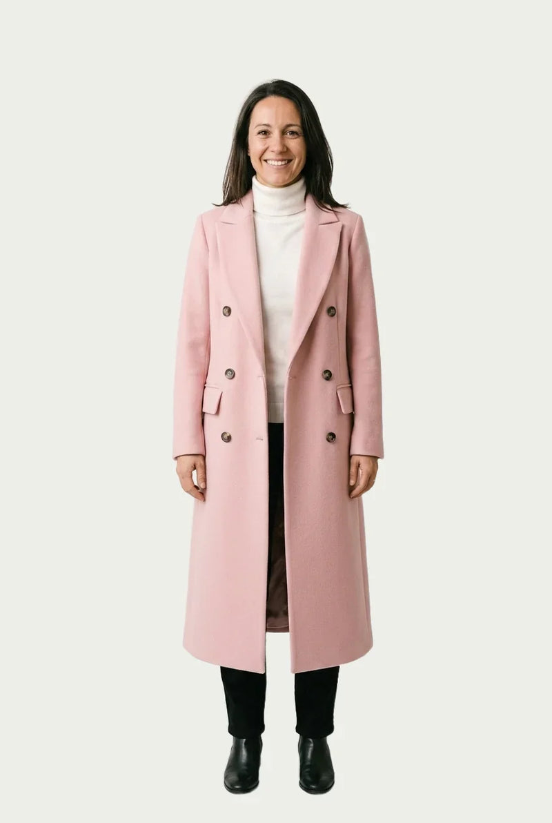Wool-Feel Long Coat for Women with Double-Breasted Front in Pink, studio front view