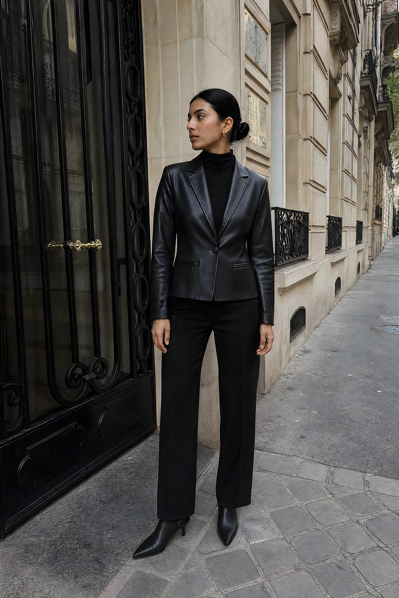 SOFAINE-V7-LIFE-Josie | Vegan Leather Blazer in Black, street style