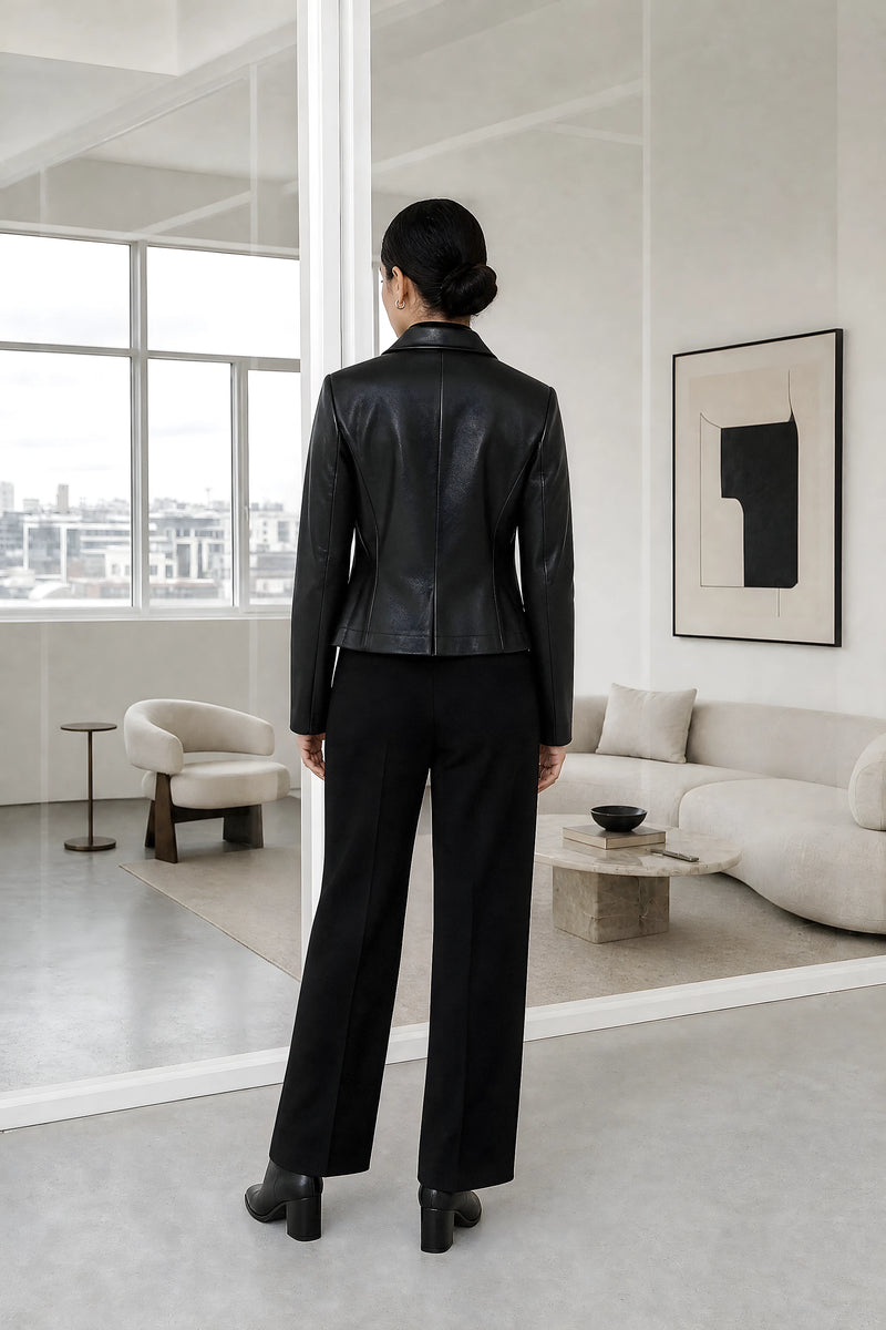 Josie | Vegan Leather Blazer in Black, studio back