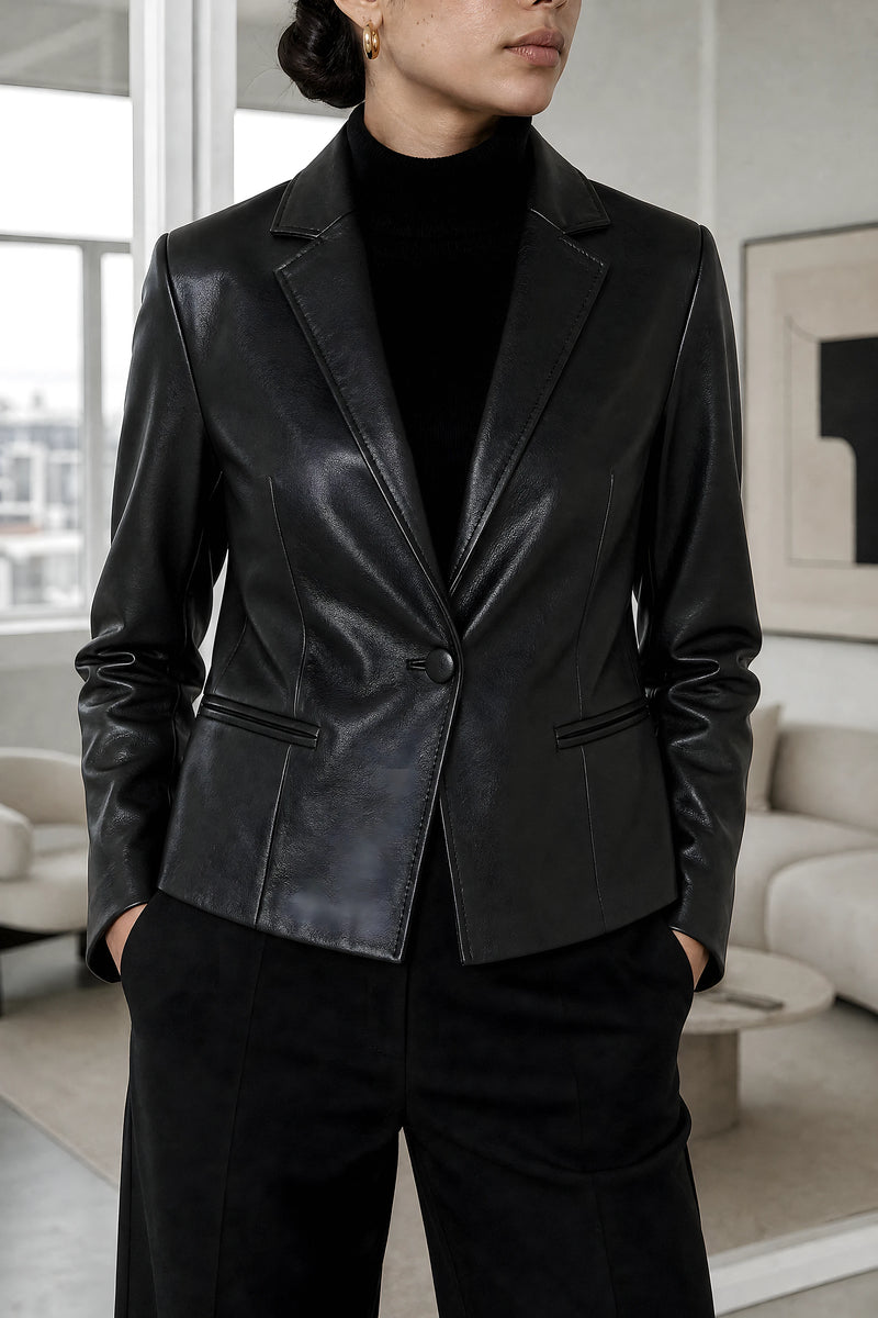Josie | Vegan Leather Blazer in Black, studio close-up