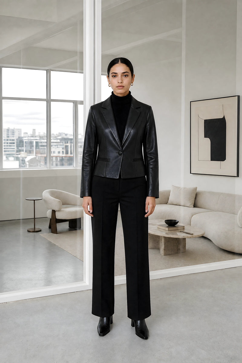 Josie | Vegan Leather Blazer in Black, studio front
