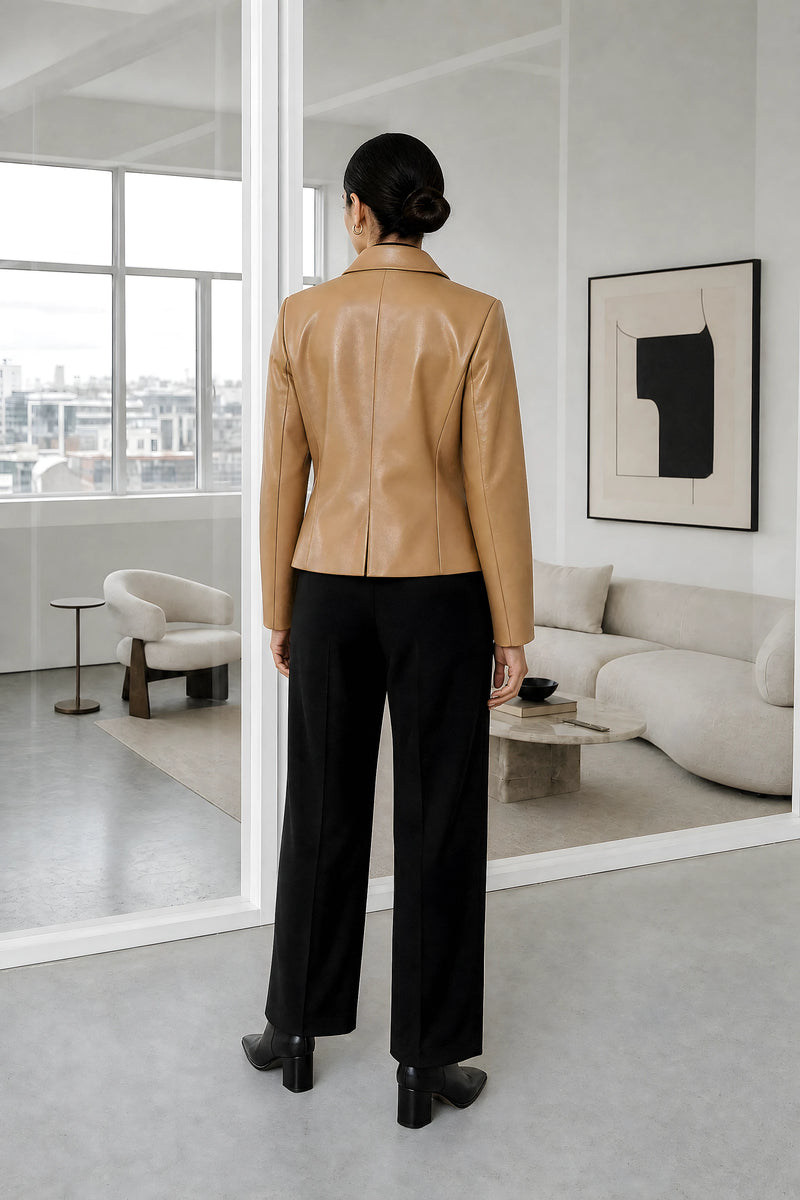 Josie | Vegan Leather Blazer in Camel, studio back