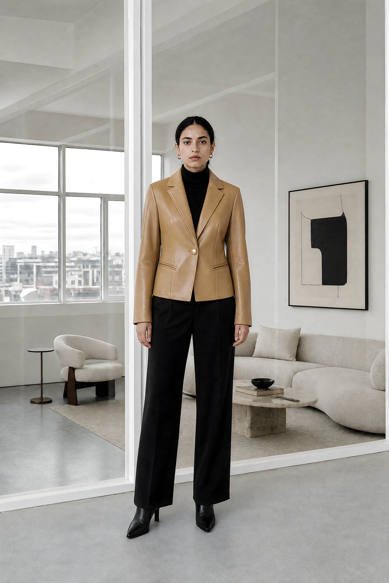 Josie | Vegan Leather Blazer in Camel, studio front
