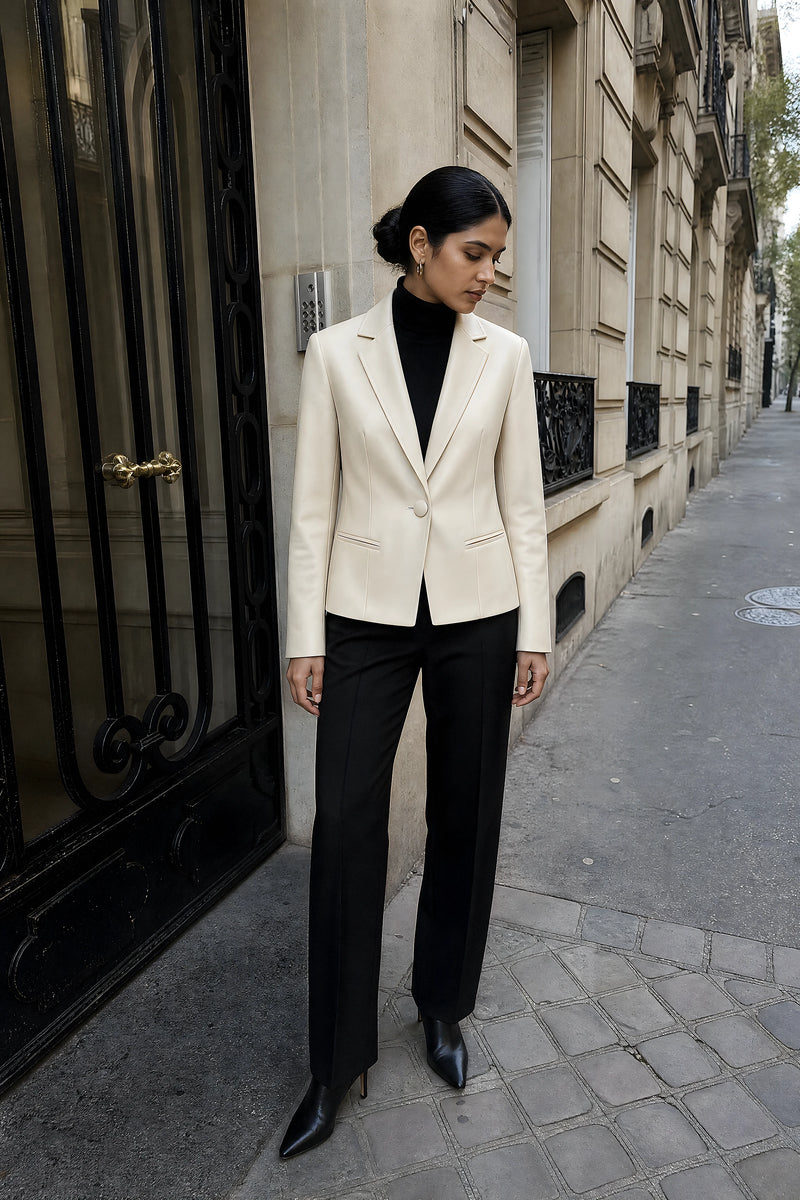 SOFAINE-V7-LIFE-Josie | Vegan Leather Blazer in Off White, street style