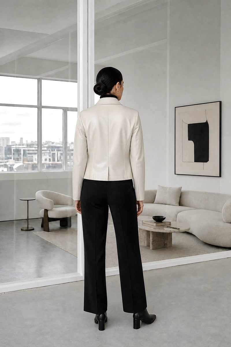 Josie | Vegan Leather Blazer in Off White, studio back