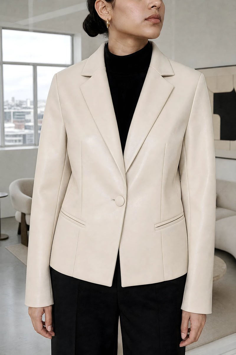 Josie | Vegan Leather Blazer in Off White, studio close-up