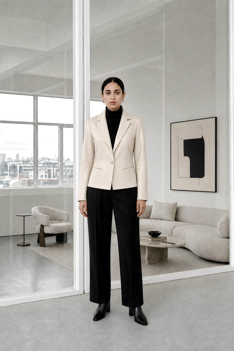 Josie | Vegan Leather Blazer in Off White, studio front