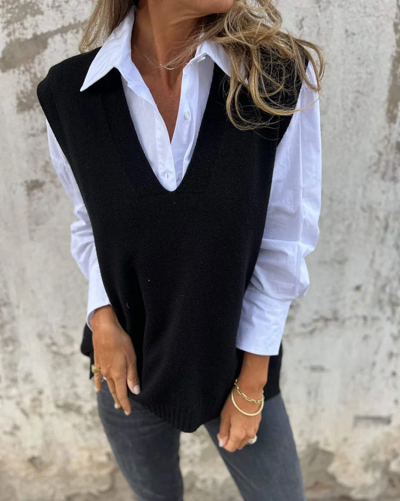 Deep V Neck Sweater Vest for Women with Ribbed Edges and Dropped Shoulders in Black, front view