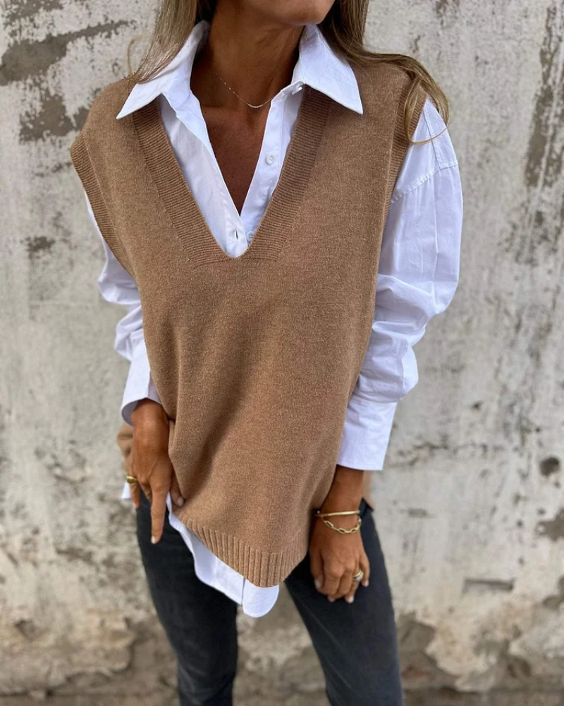 Deep V Neck Sweater Vest for Women with Ribbed Edges and Dropped Shoulders in Brown, relaxed front view