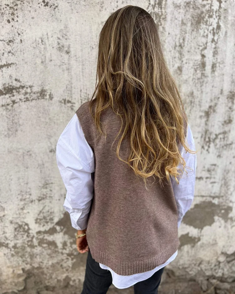 Deep V Neck Sweater Vest for Women with Ribbed Edges and Dropped Shoulders in Gray Brown, back view