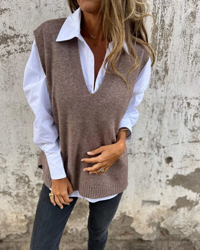 Deep V Neck Sweater Vest for Women with Ribbed Edges and Dropped Shoulders in Gray Brown, front view