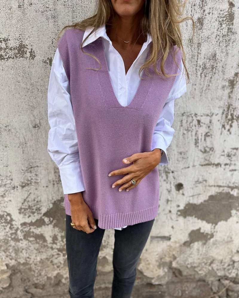 Deep V Neck Sweater Vest for Women with Ribbed Edges and Dropped Shoulders in Purple, front view