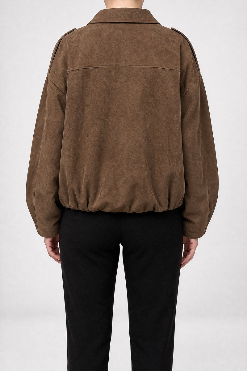Sofaine Juanita women's suede-feel bomber jacket in Brown, back view