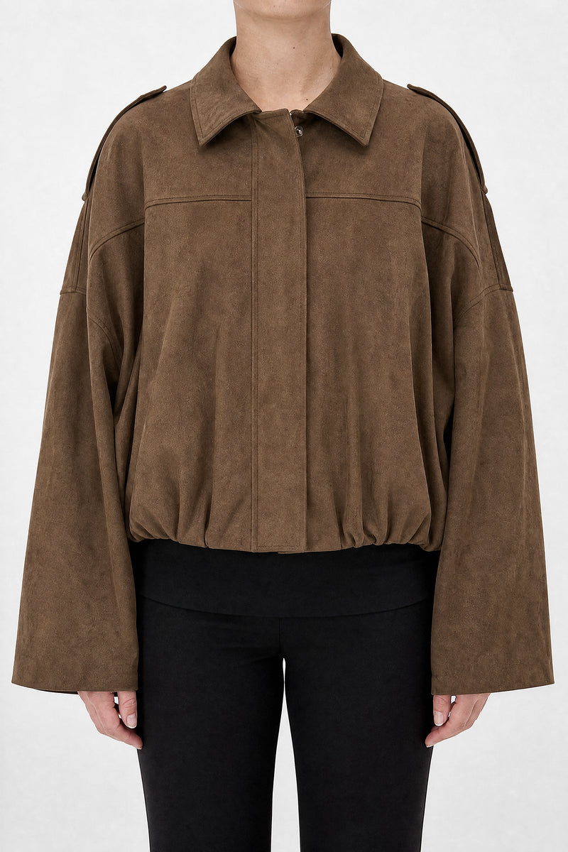 Sofaine Juanita women's suede-feel bomber jacket in Brown, front view